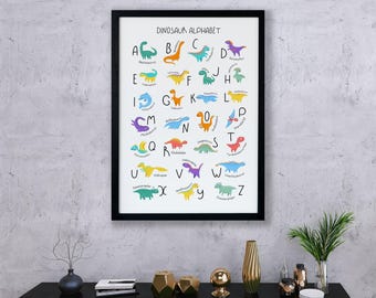 Framed Dinosaur Alphabet Poster for Kids – Cute Dino ABC Wall Art – Educational Nursery Decor – Preschool Learning Print – Dino Room Decor