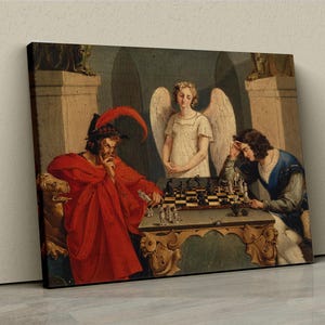 May include: A painting depicting a chess game between two men, one in red robes and the other in blue, with a winged angel figure standing behind the chessboard.