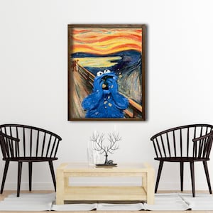 May include: A framed print of a painting depicting a blue monster with a surprised expression, set against a yellow and orange background with a swirling sky. The monster is in the style of Edvard Munch's "The Scream".