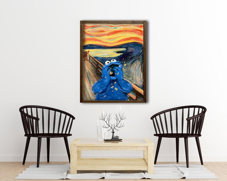 May include: A framed print of a painting depicting a blue monster with a surprised expression, set against a yellow and orange background with a swirling sky. The monster is in the style of Edvard Munch's "The Scream".