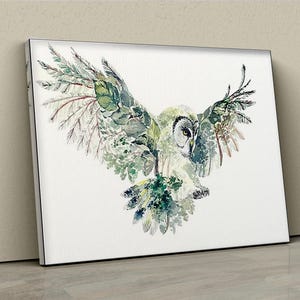 Flying Owl Trees Leaves Canvas, Forest Double Exposure Nature Animal Bird Illusion, Wrapped Canvas, Print Wall Art, Office Decor Home Decor