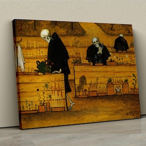 May include: A canvas print of a painting showing skeletons in black cloaks tending a garden. The artwork uses a warm colour palette with yellow and brown tones, and a whimsical, slightly macabre theme. The skeletons are watering plants and interacting in a garden setting.