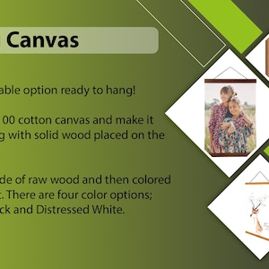 May include: Three hanging canvas prints with wooden frames. The frames are available in four colors: Oak, Walnut, Black, and Distressed White. The prints are ready to hang.