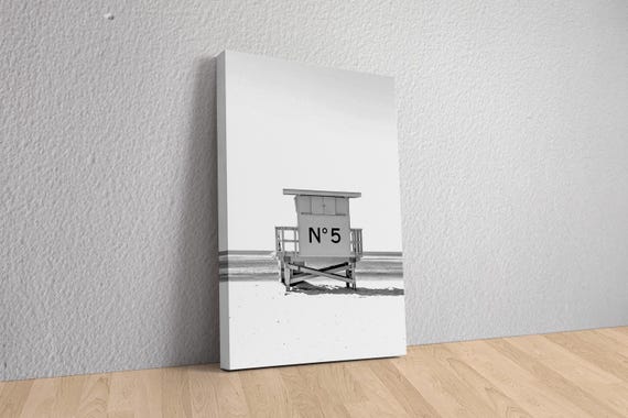 Coastal Fashion Canvas Wall Art – Surf Beach and Lifeguard Hut Black and White Wall Art for Modern and Chic Interiors