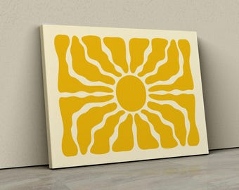 70s Retro Sun Wall Art Print – Boho Abstract Sunshine Poster – Mid Century Modern Style – Warm Yellow Minimalist Sunburst Decor for Home