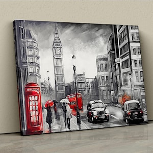 London Street Scene Canvas Print, Big Ben Wall Art, Red Umbrella and Bus Painting, Black and White Cityscape, UK Travel Decor