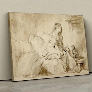 Impression sur toile femme et chien du XVIIIe siècle, art mural esquisse romantique vintage, toile de style rococo Français, décoration de chambre à coucher antique