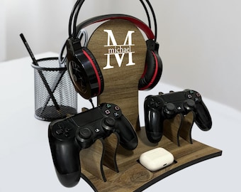Custom Wooden Controller and Headset Stand Gift - Husband Birthday Gift - Gamer Room Decor - Christmas Gift for Dad - Tech Accessories Gifs