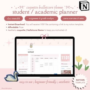 Coquette Academic Notion Planner for High School & University - Pink Study Dashboard for Students to Plan Classes, Notes, Timetable and more