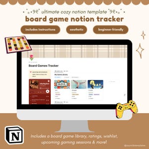 Puede incluir: Una pantalla de ordenador que muestra una plantilla de Notion para hacer un seguimiento de los juegos de mesa. La plantilla incluye secciones para una biblioteca de juegos, valoraciones, lista de deseos y próximas sesiones de juego. El texto "Board Games Tracker" se muestra en la parte superior de la pantalla.