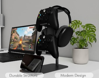 Gaming Headset, Controller Stand | Metal Dual Controller Holder with Headphone Hanger & Phone Dock |