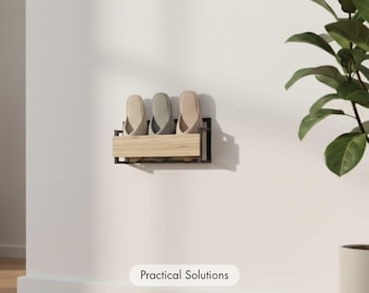Wall Mounted Slipper Holder – Modern Metal and Wood Entryway Organizer – Minimalist Shoe Storage Rack