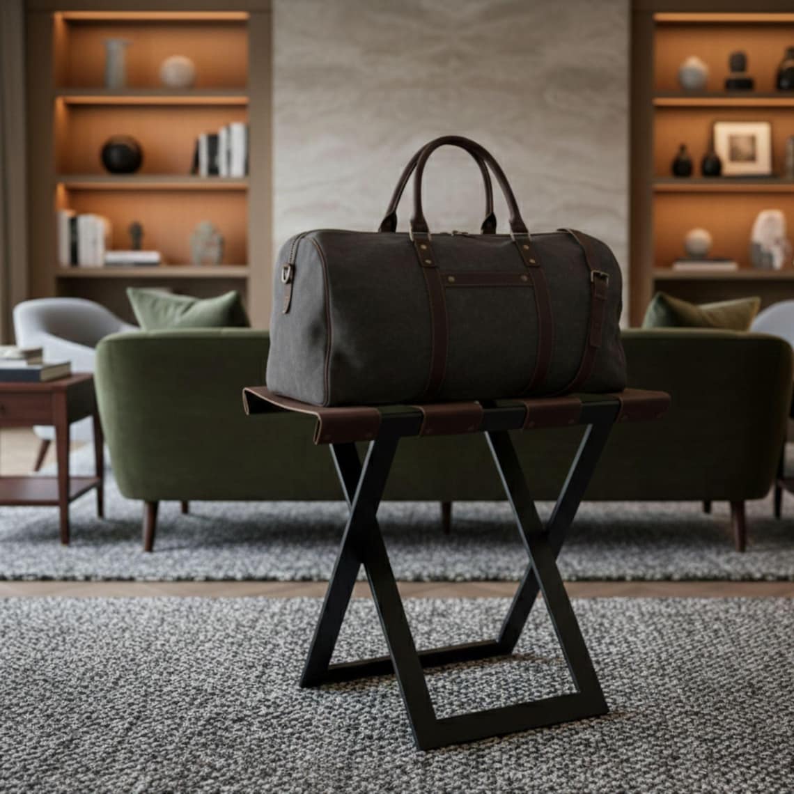 Modern Metal Luggage Rack With Leather Straps, Heavy Duty Hotel Style