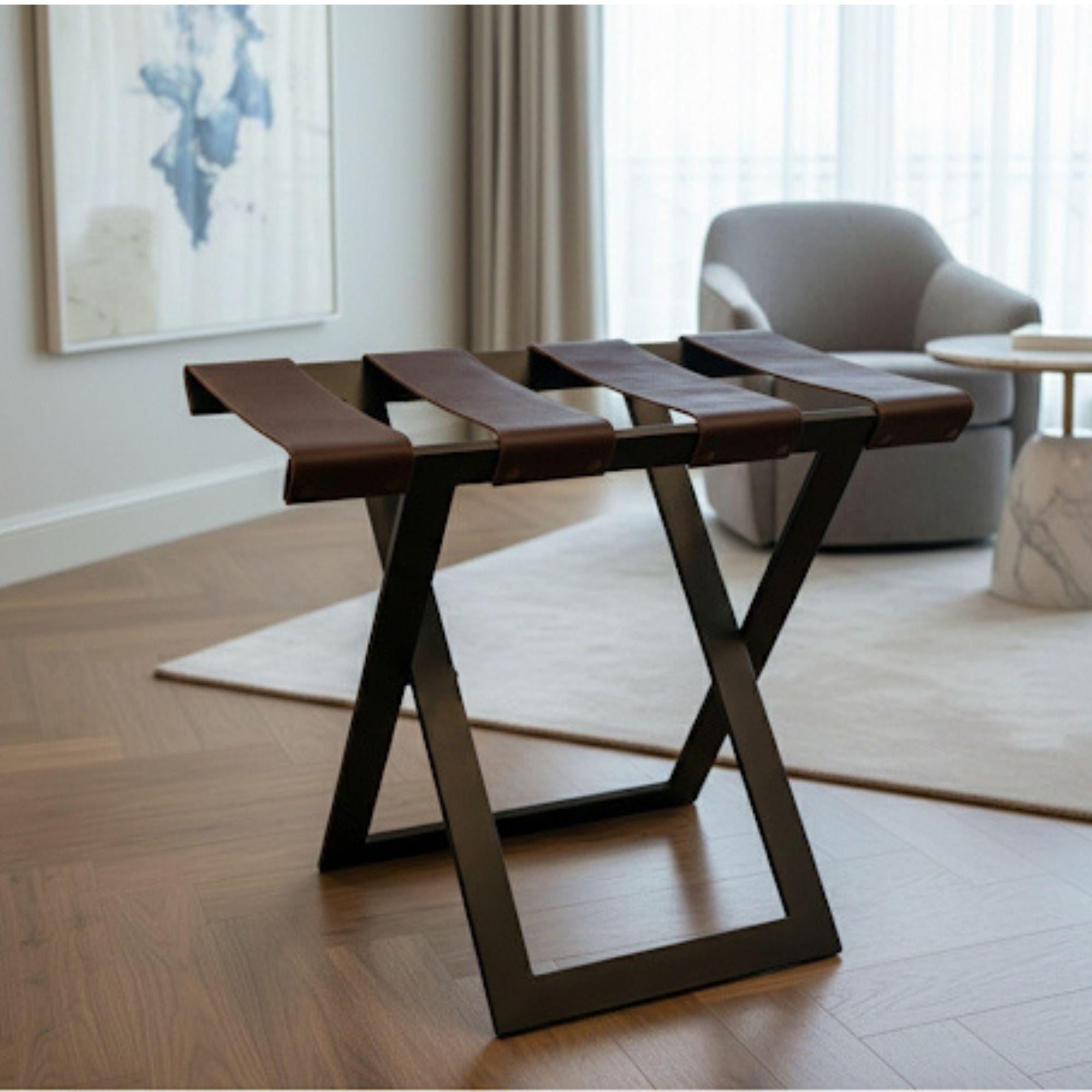 Modern Metal Luggage Rack With Leather Straps, Heavy Duty Hotel Style ...