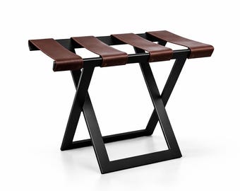 Modern Metal Luggage Rack with Leather Straps, Heavy Duty Hotel Style Suitcase Stand
