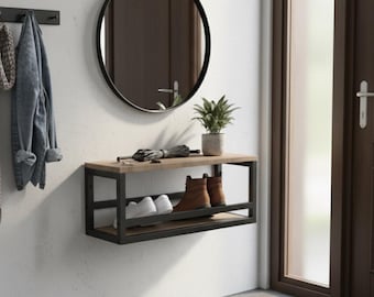 Floating Entryway Shoe Shelf – Modern Minimalist Metal & Wood Shelf – Small Space Storage Rack