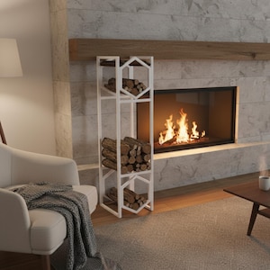 May include: A white metal log store with three shelves, each holding a stack of firewood. The rack has a geometric design and stands near a fireplace with a burning fire. The room has a neutral colour palette.
