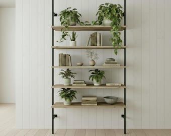 Tall Industrial Bookshelf, 5-Tier Wood and Metal, Plant Shelf