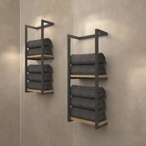 Wall Mounted 2-Tier Metal Towel Rack – Modern Bathroom Shelf with Wood Base, Multiple Sizes