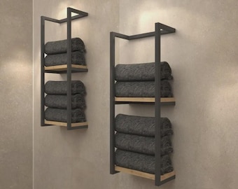 Wall Mounted 2-Tier Metal Towel Rack – Modern Bathroom Shelf with Wood Base, Multiple Sizes