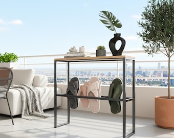 Sleek Metal Shoe Rack with Wooden Top | Minimalist Entryway Organizer | Stylish Space-Saver for Home