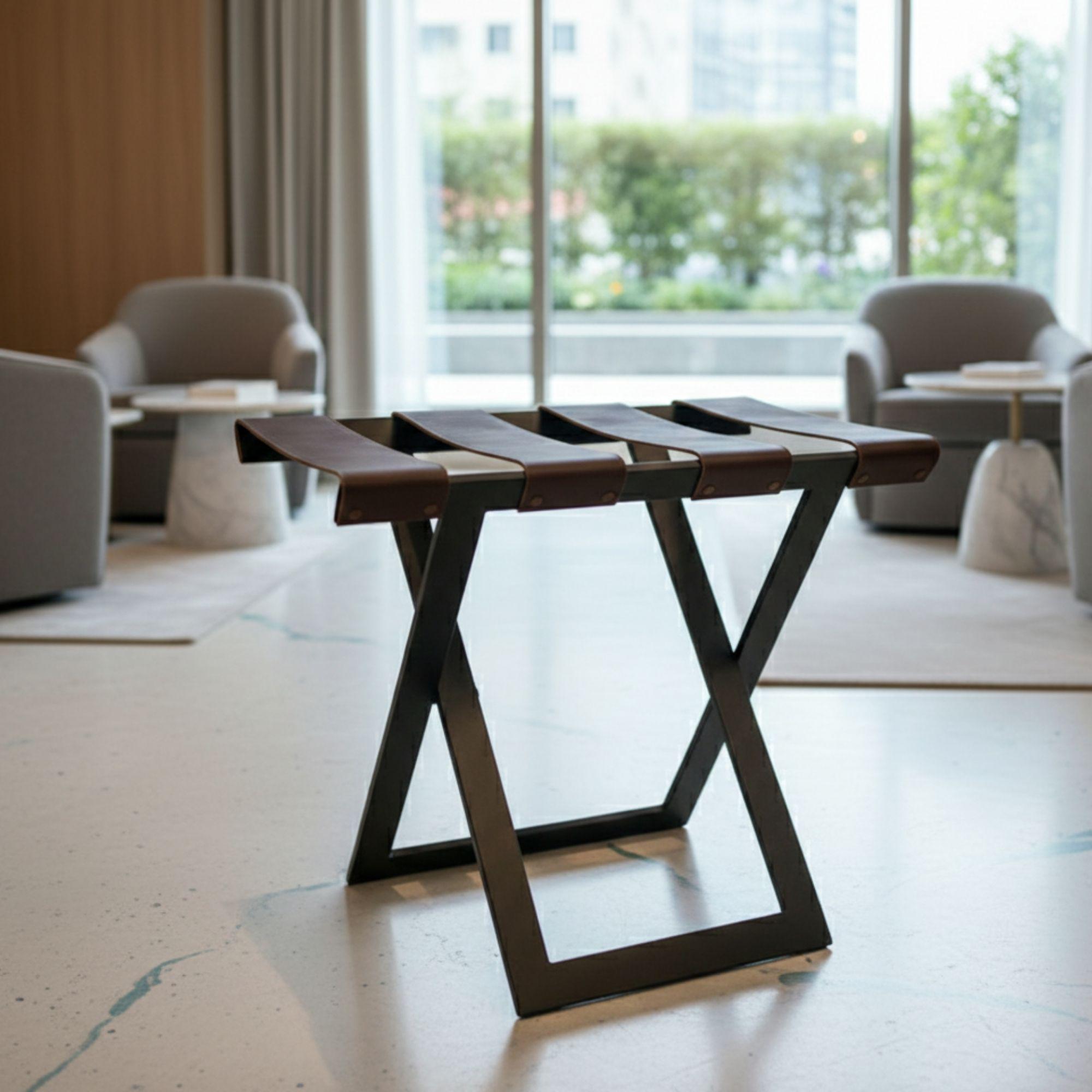 Modern Metal Luggage Rack With Leather Straps, Heavy Duty Hotel Style ...