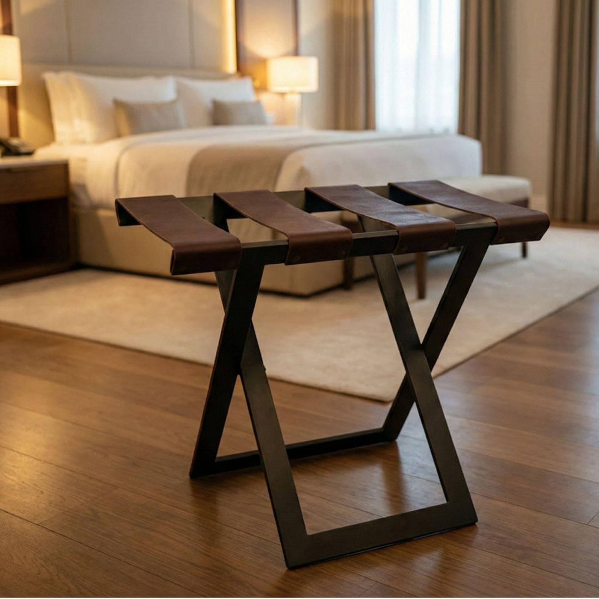 Modern Metal Luggage Rack With Leather Straps, Heavy Duty Hotel Style ...