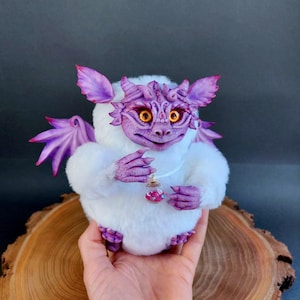 Cute and Fluffy Handmade Dragon, Perfect for Fantasy Collectors, Crafted from Colorful Fur and Polymer Clay. Soft toy - dragon