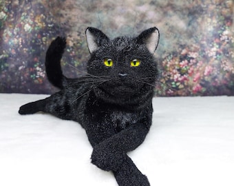 black cat realistic plush animal toy . Artist plush toy . realistic plush pet. stuffed cat