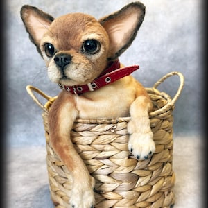 Chihuahua, realistischer Hundereplik, Plüschwelpe, Tierportrait, weiche Skulptur, Unikat