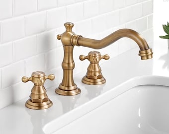 Antique Brass Bathroom Faucet , Deck Mounted Vanity Mixer Tap
