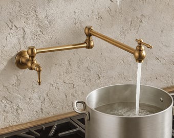 Brushed Gold Pot Filler Faucet , Wall Mount Kitchen Tap