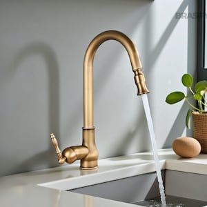 Antique Brass Pull Out Kitchen Faucet , Swivel Spout Farmhouse Sink Tap