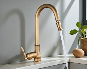 Antique Brass Pull Out Kitchen Faucet , Swivel Spout Farmhouse Sink Tap