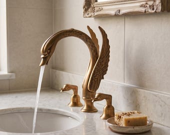Antique Brass Swan Bathroom Faucet, Vintage Swan Shaped Sink Basin Tap