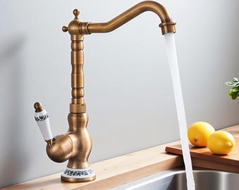 Ceramic Handle Antique Brass Kitchen Faucet , Vintage Sink Mixer Tap for Rustic Kitchens
