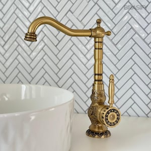 Rubinetto in ottone massiccio stile antico, miscelatore per lavabo intagliato, rubinetto per lavello da cucina