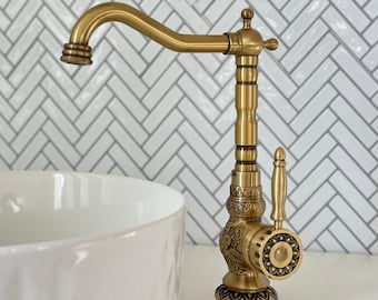 Solid Brass Antique Style Faucet , Carved Basin Mixer Tap, Kitchen Sink Faucet