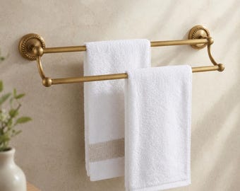 Antique Brass Double Towel Bar, Vintage Wall Mounted Towel Holder