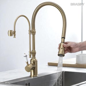 May include: A gold-toned kitchen faucet with a flexible, coiled spout. The faucet has a classic design with a decorative handle and a pull-down sprayer. The brand name "BRASIFY" is visible in the upper right corner.