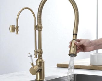 Brushed Gold Brass Kitchen Faucet , Pull-Down Sprayer, Farmhouse Style