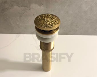 Antique Brass Pop-Up Sink Drain , Art Carving Basin Plug Bathroom Accessories Vanity Sink Drainer