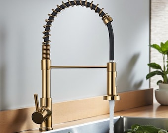 Brushed Gold Pull-Out Spray Kitchen Faucet , Modern Single-Handle Mixer Tap