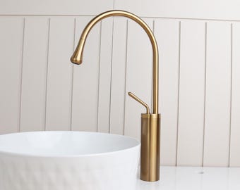 Brushed Gold Vessel Sink Faucet | 360 Swivel Modern Bathroom Tap | Minimalist Countertop Fixture