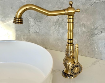 Antique Brass Carved Basin Faucet , Swivel Spout Single Handle