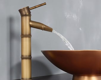 Antique Brass Bamboo Waterfall Faucet , Vessel Sink Tap