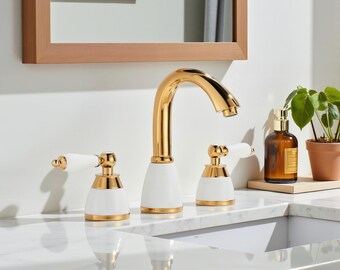 Luxury Polished Gold Basin Faucet Vintage Bathroom Tap with Ceramic Handles