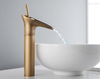 Wasserfall Antikes Messing Schiff Waschbecken Wasserhahn | Weinglas-Stil Tülle | Für Badezimmer oder Waschtisch