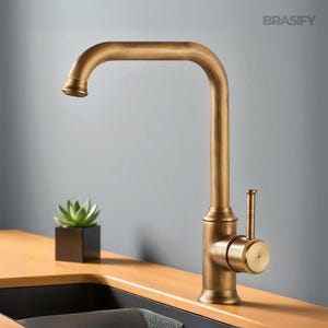 Op de afbeelding: Een bronzen keukenkraan met een hoge booguitloop. De kraan heeft een enkele hendel en is gemonteerd op een houten aanrechtblad. Links is een kleine vetplant in een zwarte vierkante pot te zien.