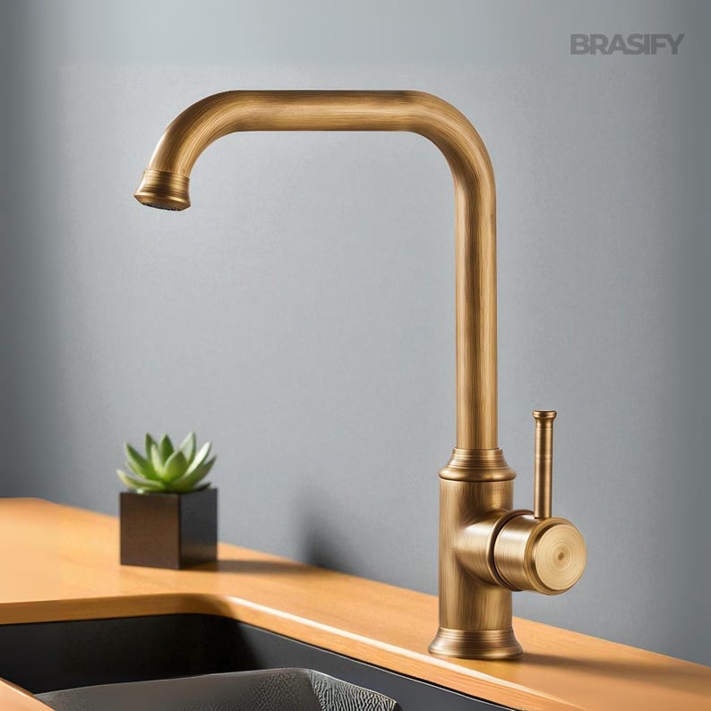 May include: A bronze-colored kitchen faucet with a high-arc spout. The faucet has a single-handle design and is mounted on a wooden countertop. A small succulent plant in a black square pot is visible to the left.